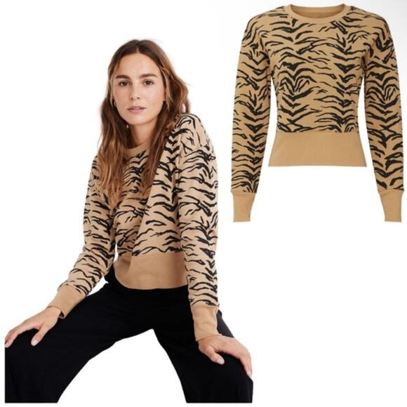 Madewell Brown Tiger Striped Joy Cropped Pullover Sweatshirt Animal Print Size S - Picture 1 of 11